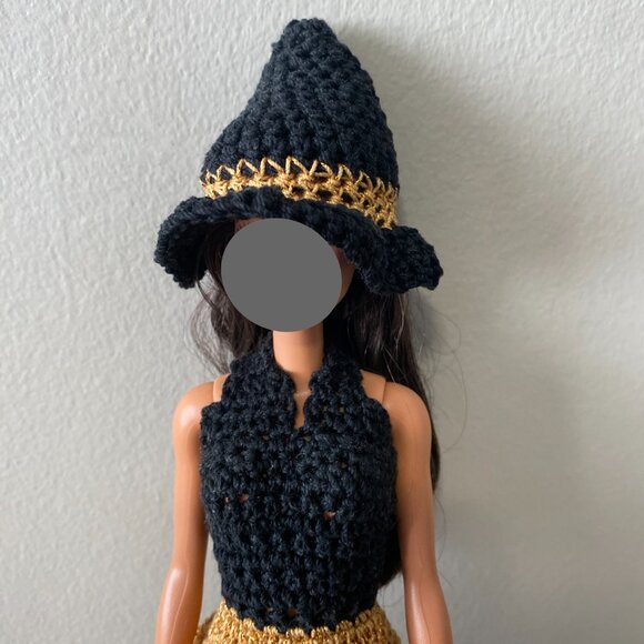 Handmade Crochet Halloween Black Gold Witch Outfit for 29cm Doll 2-Piece Set - Picture 10 of 12